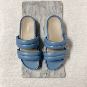 Vionic Mayla Slides Sandals Shoes Poofy Strap Blue Size 9 Mid-sole Arch Support